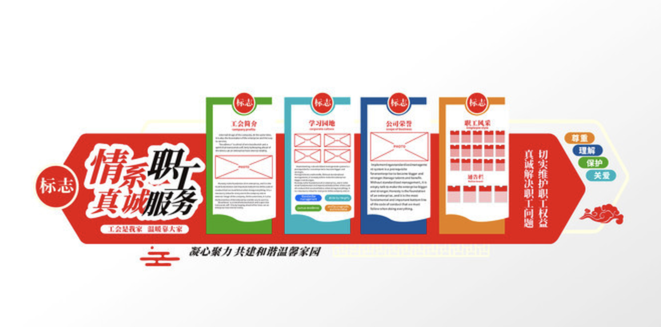 公司前臺大氣logo標語(yǔ)口號文化墻(圖3) 情系職工真誠服務(wù)長(cháng)廊建設樓道布企業(yè)文化墻